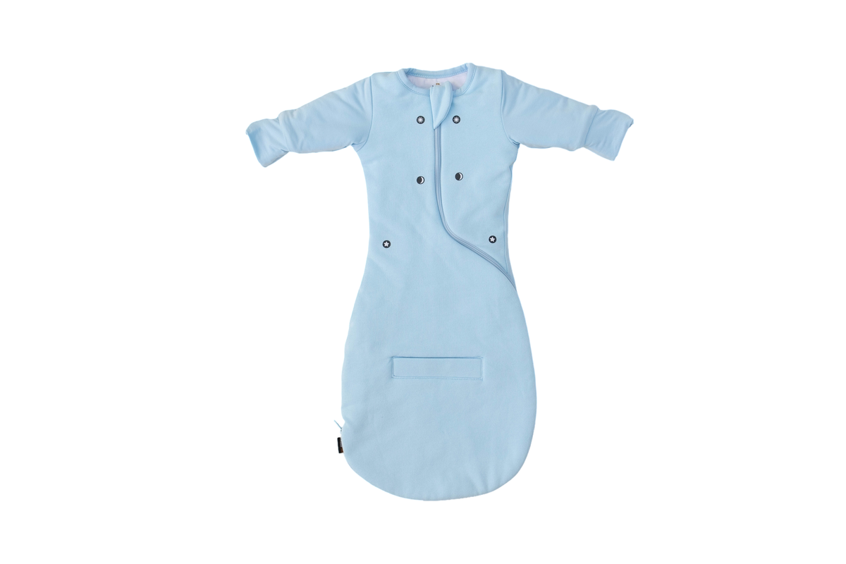 Swaddle Easy in Sky Blue, laid flat, front view with the magnet dots, built-in mittens and leg pocket